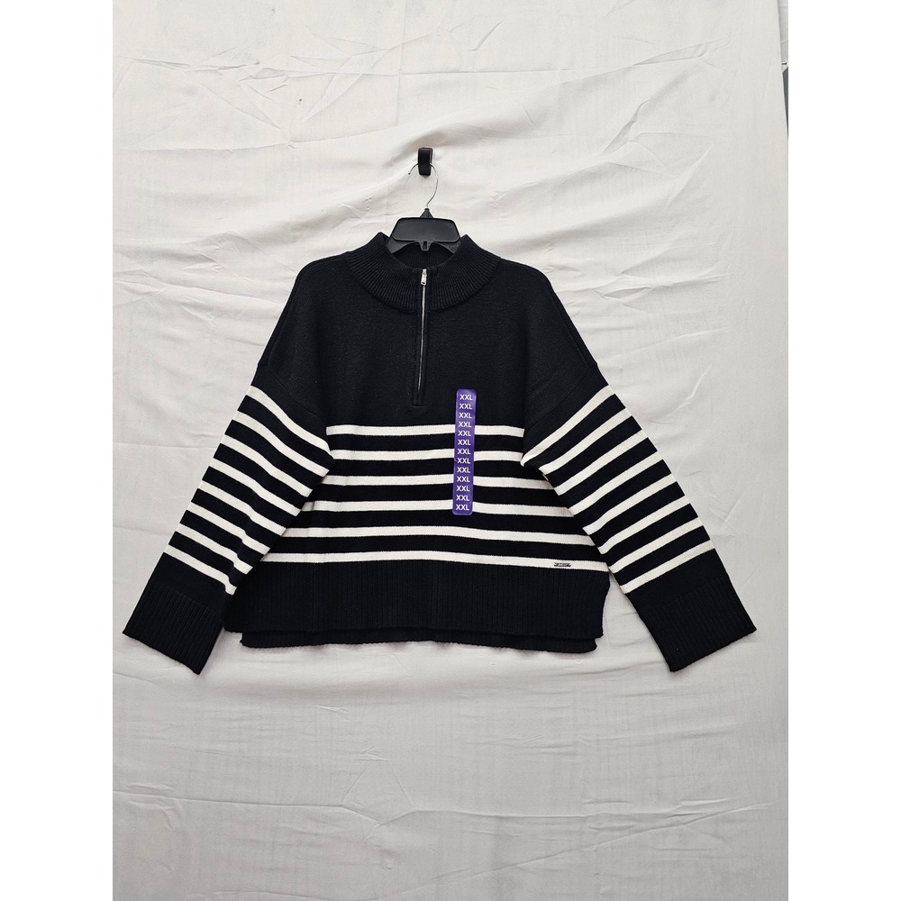 DKNY Womens Striped Quarter Zip Pullover Sweater Black Rayon Blend Size XXL